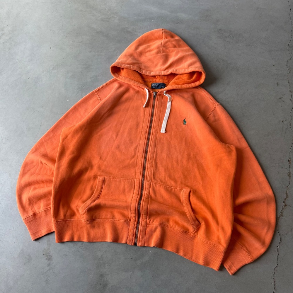 Polo Ralph Lauren Mens XL Orange Thermal Lined Full Zip Hoodie Sweatshirt Fade